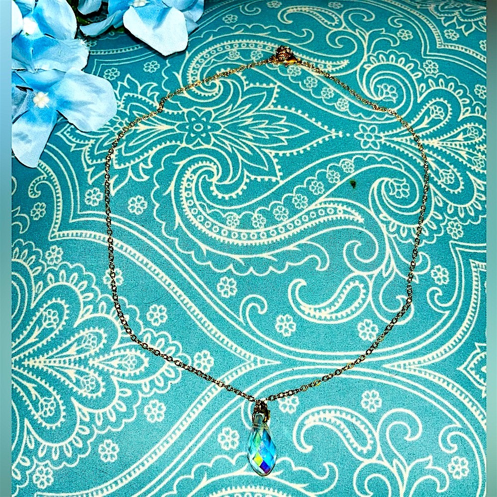 Gold Chain Necklace with Blue Teardrop Crystal Pendant